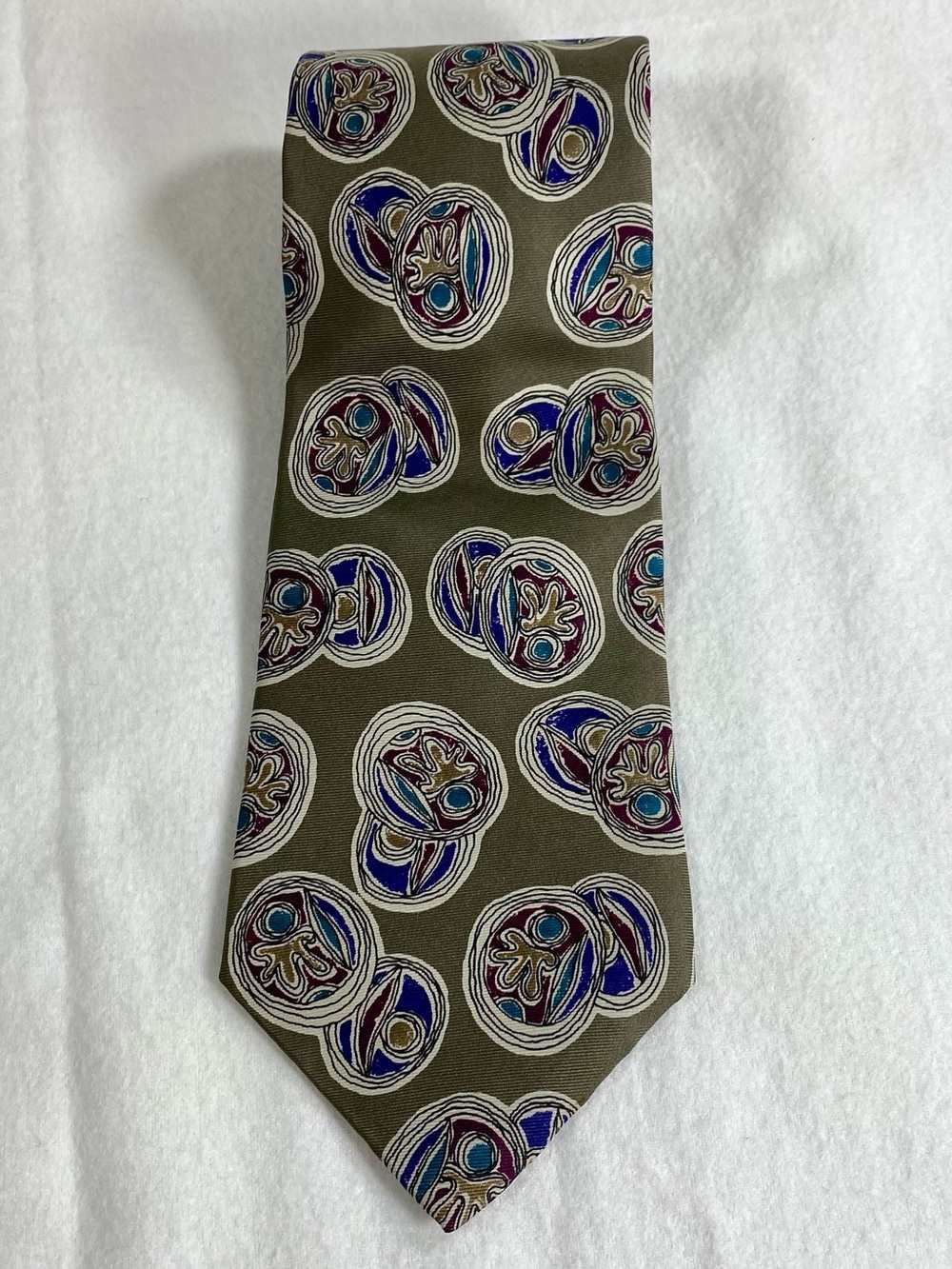 Pattinni Uomo Vintage Silk Necktie Geometric Abstract Olive Green Made USA
